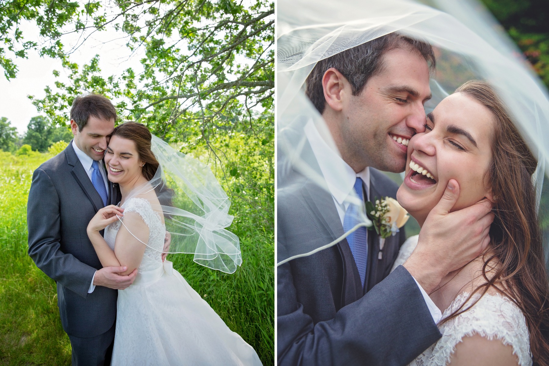 bride & groom laugh and snuggle beneath her wedding veil