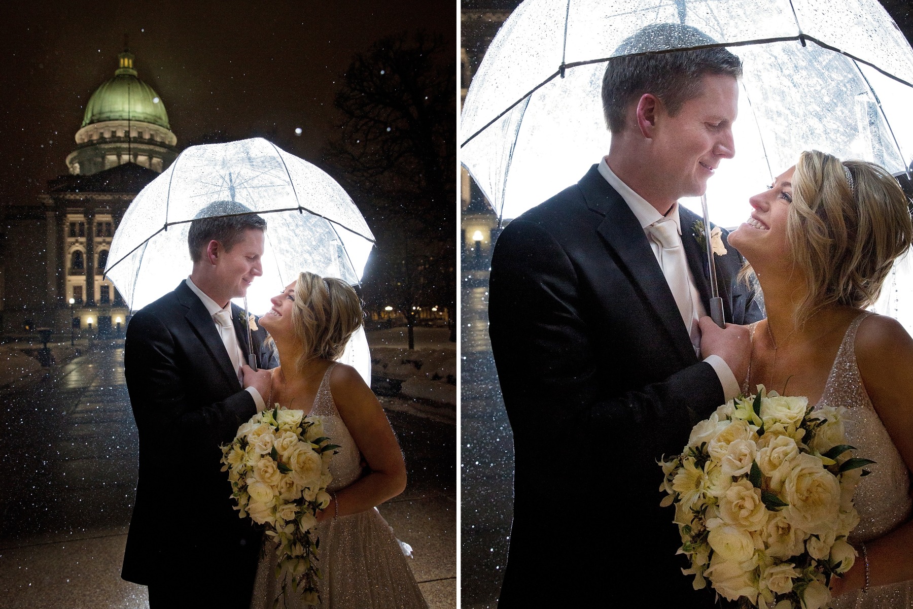 bride and groom stand beneath a clear umbrella as rain falls