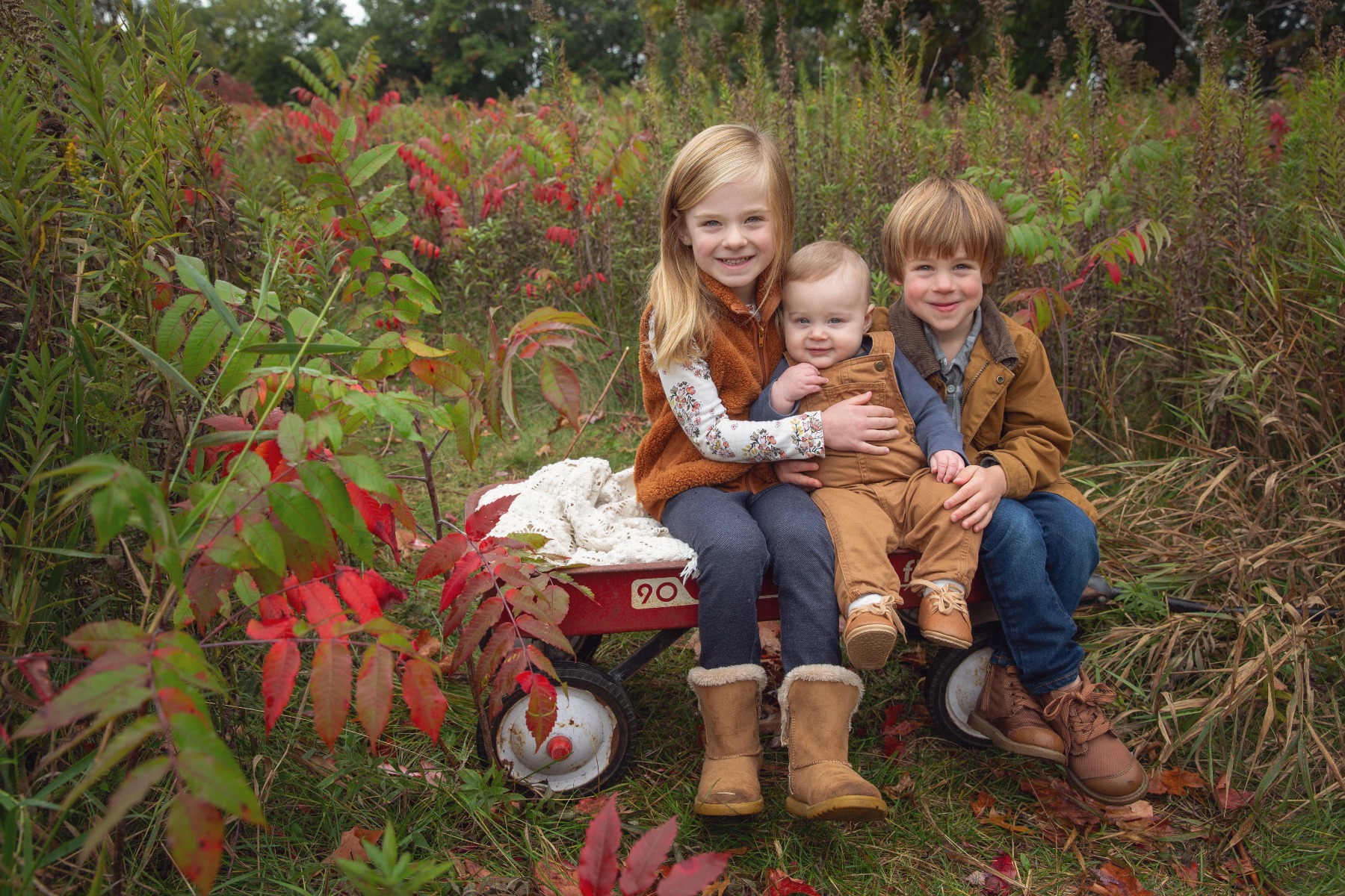 three siblings sit together in a red wagon in a field of fall colors