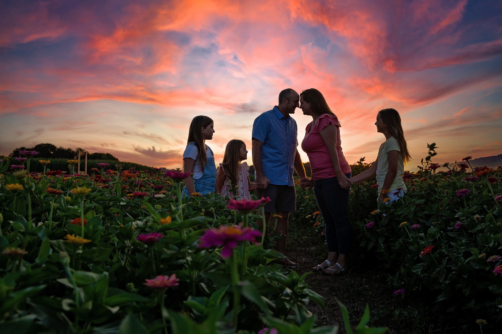 sunset picture of family of 5 in a flower field