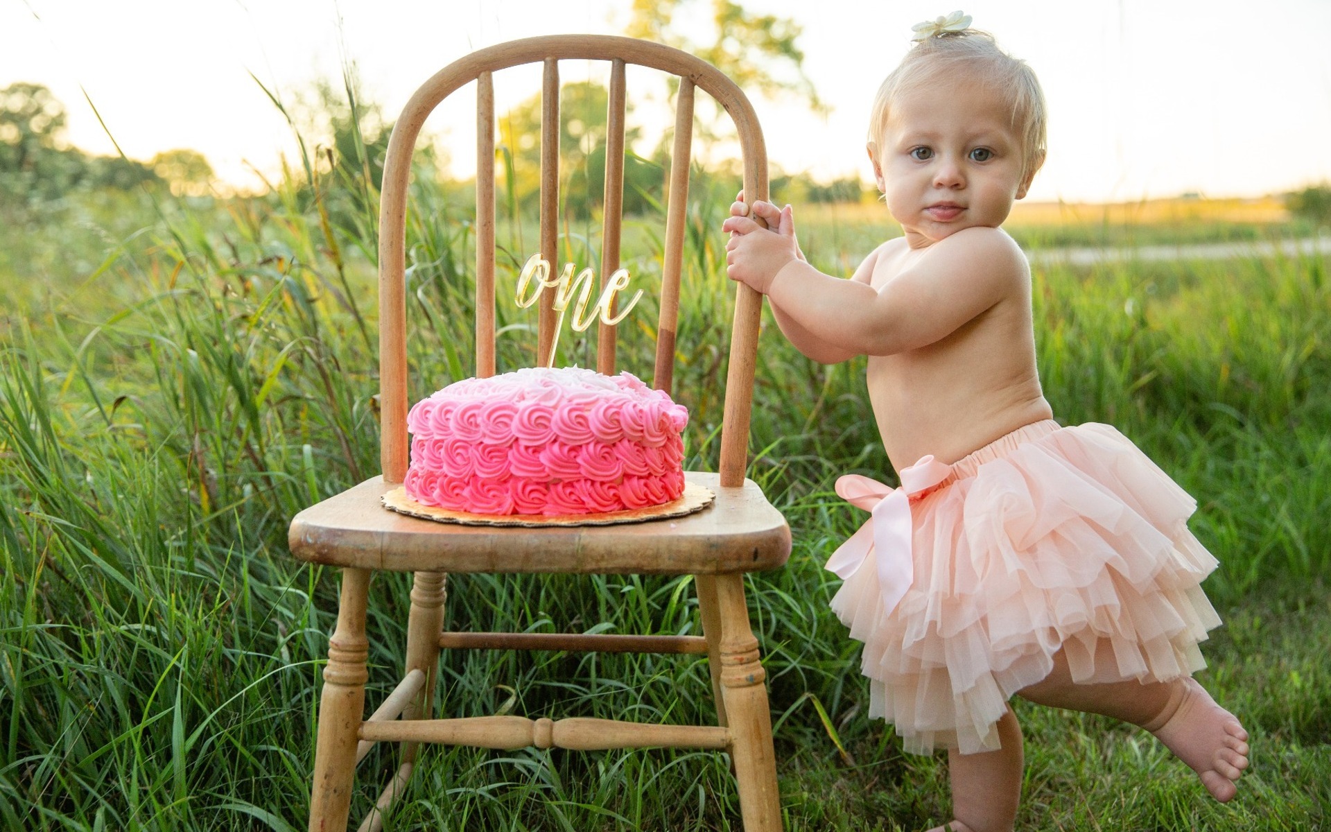 one year old girl in a pink tutu standing with her pink birthday cake