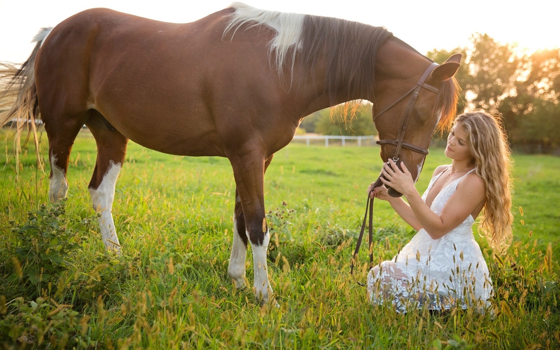 hs senior in a white dress looks at her brown horse