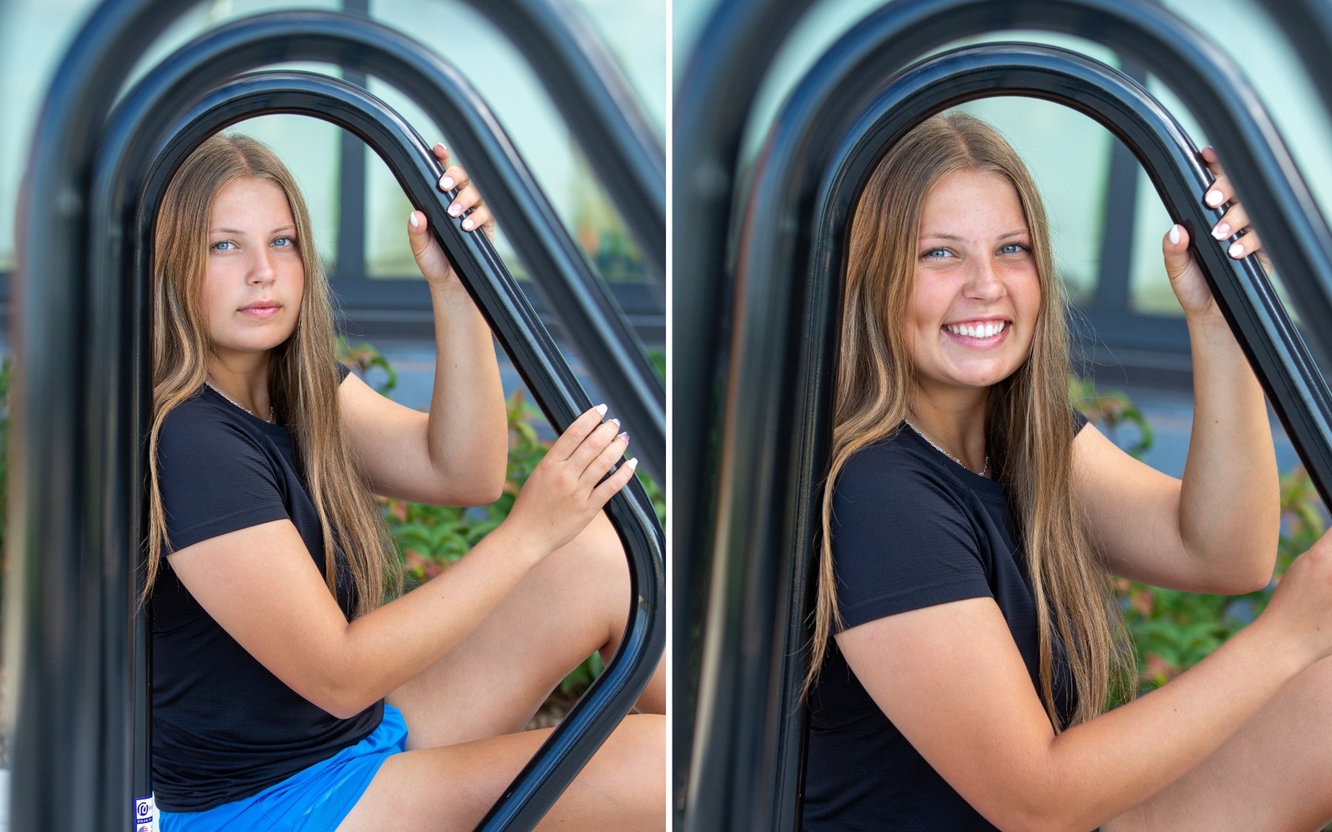 hs senior girl sits inside a bicycle rack looking down the row