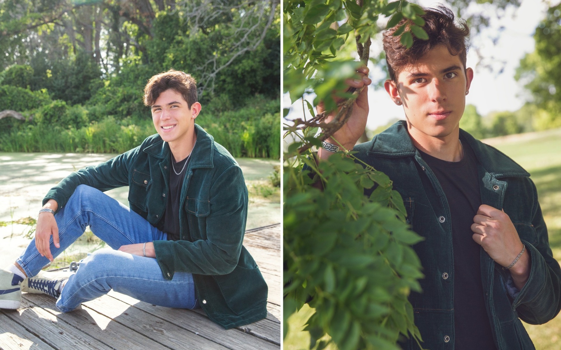 hs senior boy in a green corduroy shirt  poses with green foliage