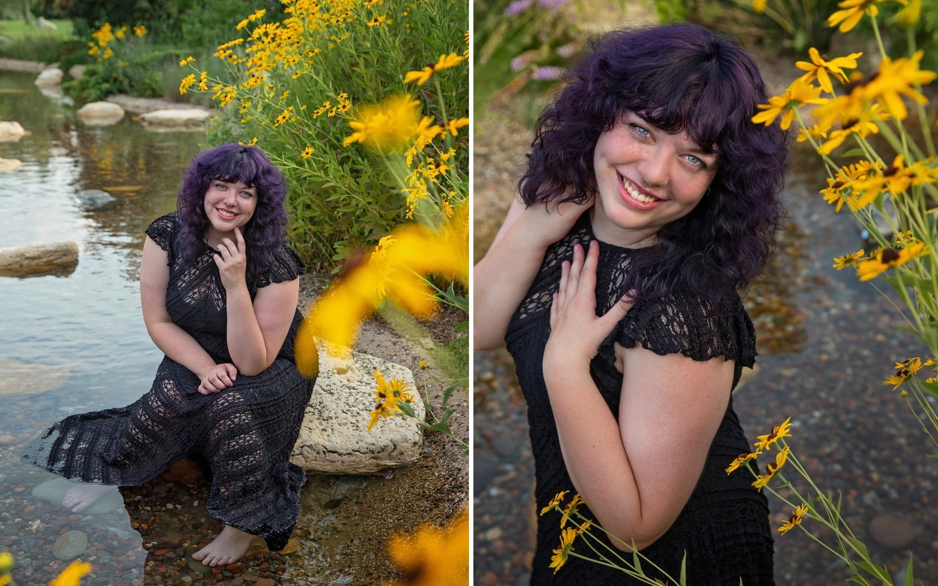 hs senior girl poses in a creek by yellow flowers