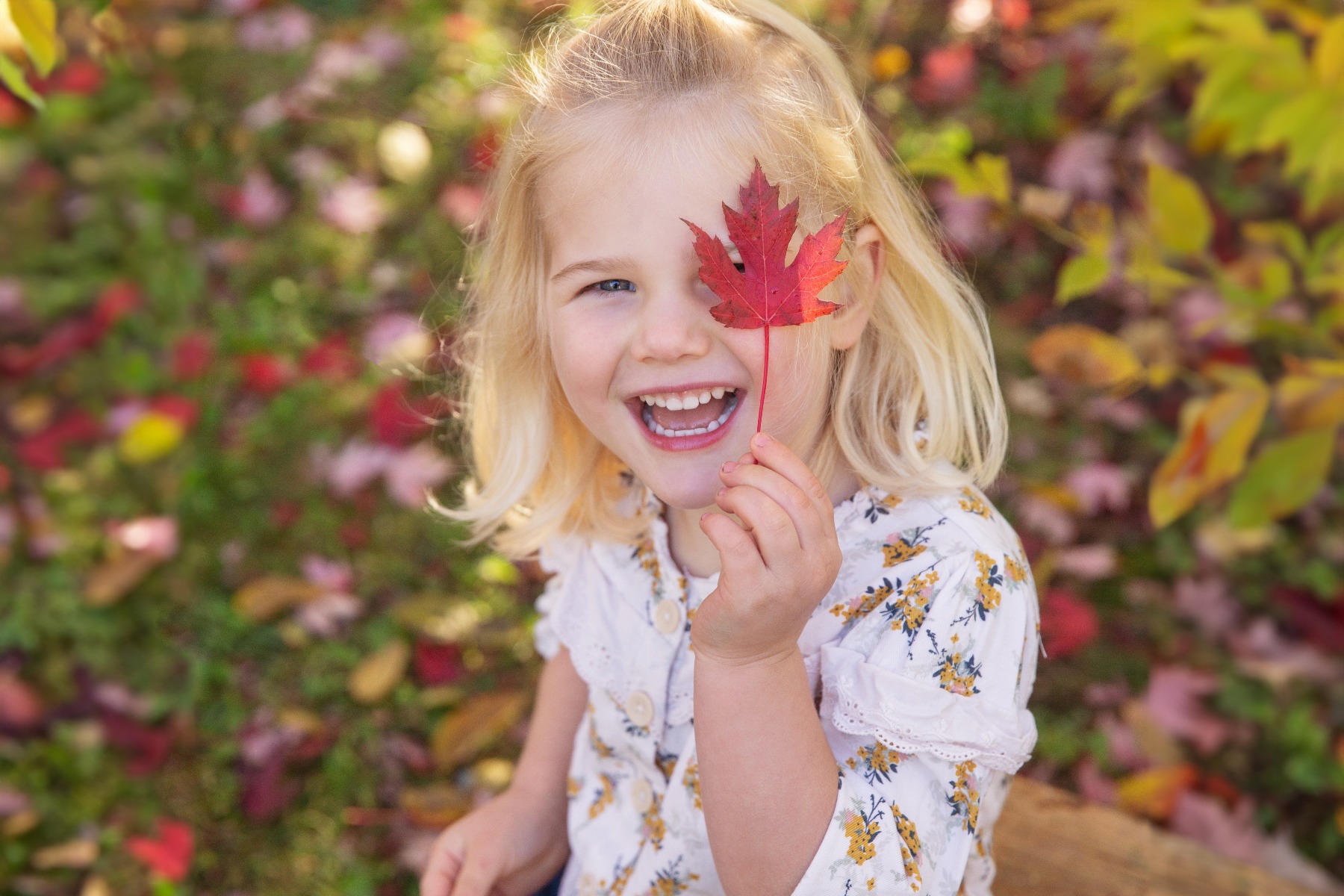 blond haired girl with a red maple leaf laughs