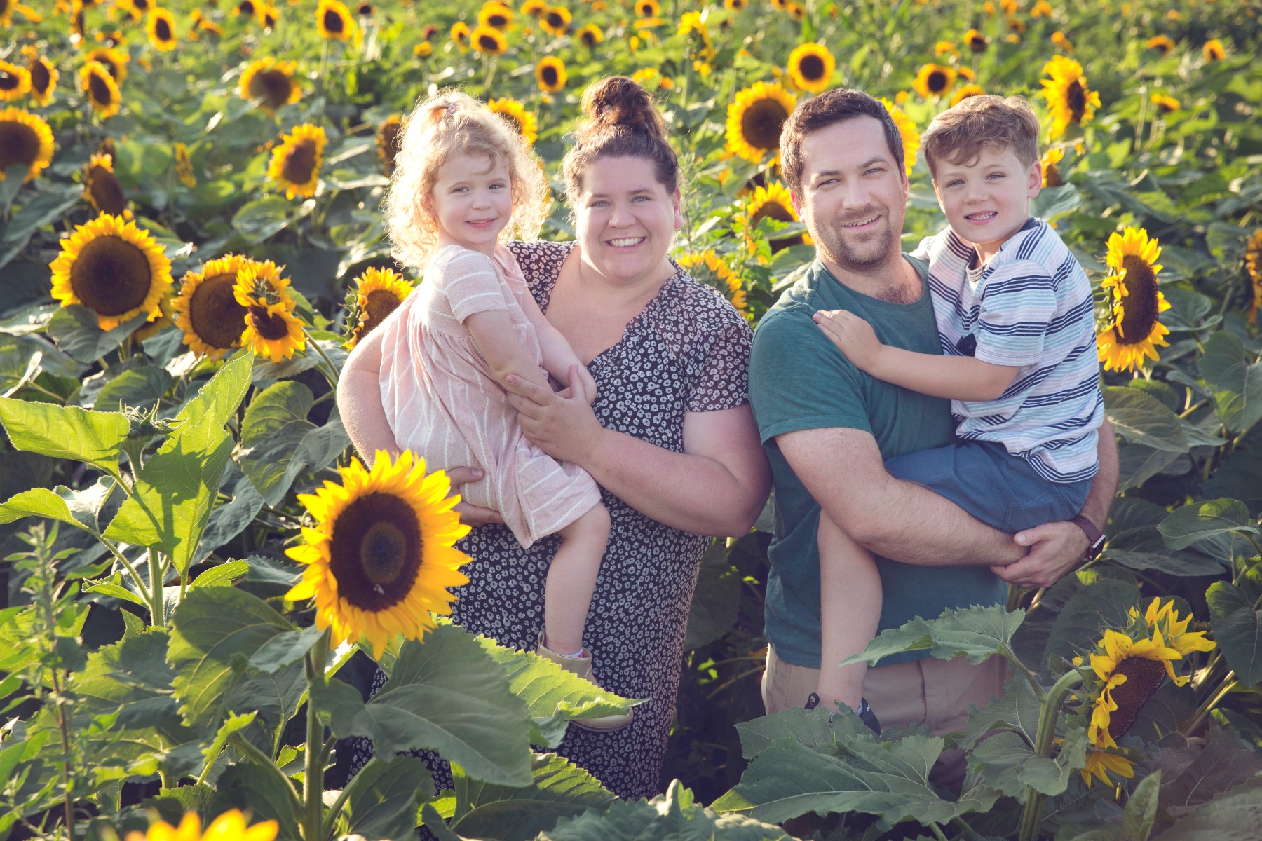 family of 4 stands in a sunflower field
