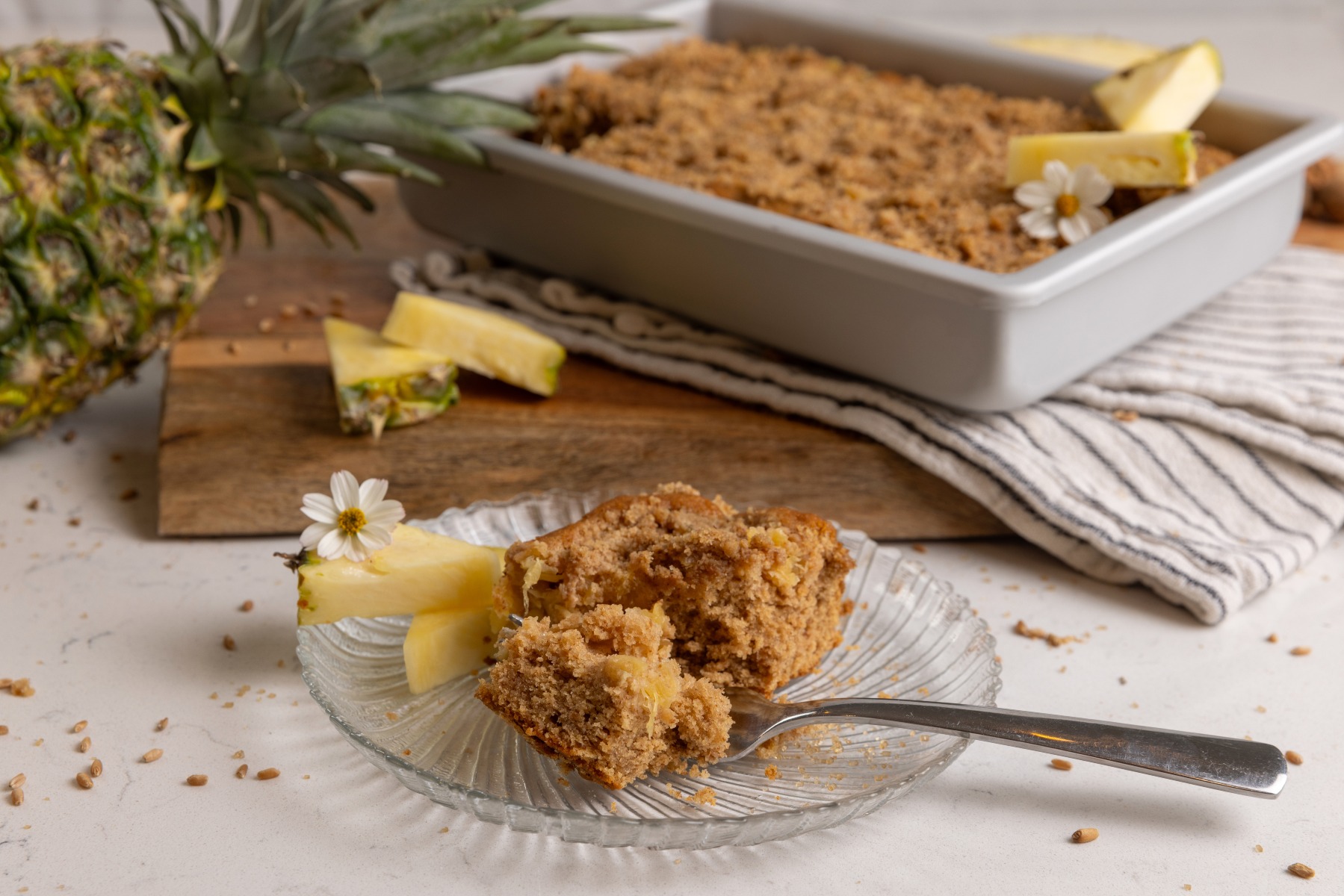 view from above of a moist blueberry and pineapple spice cake