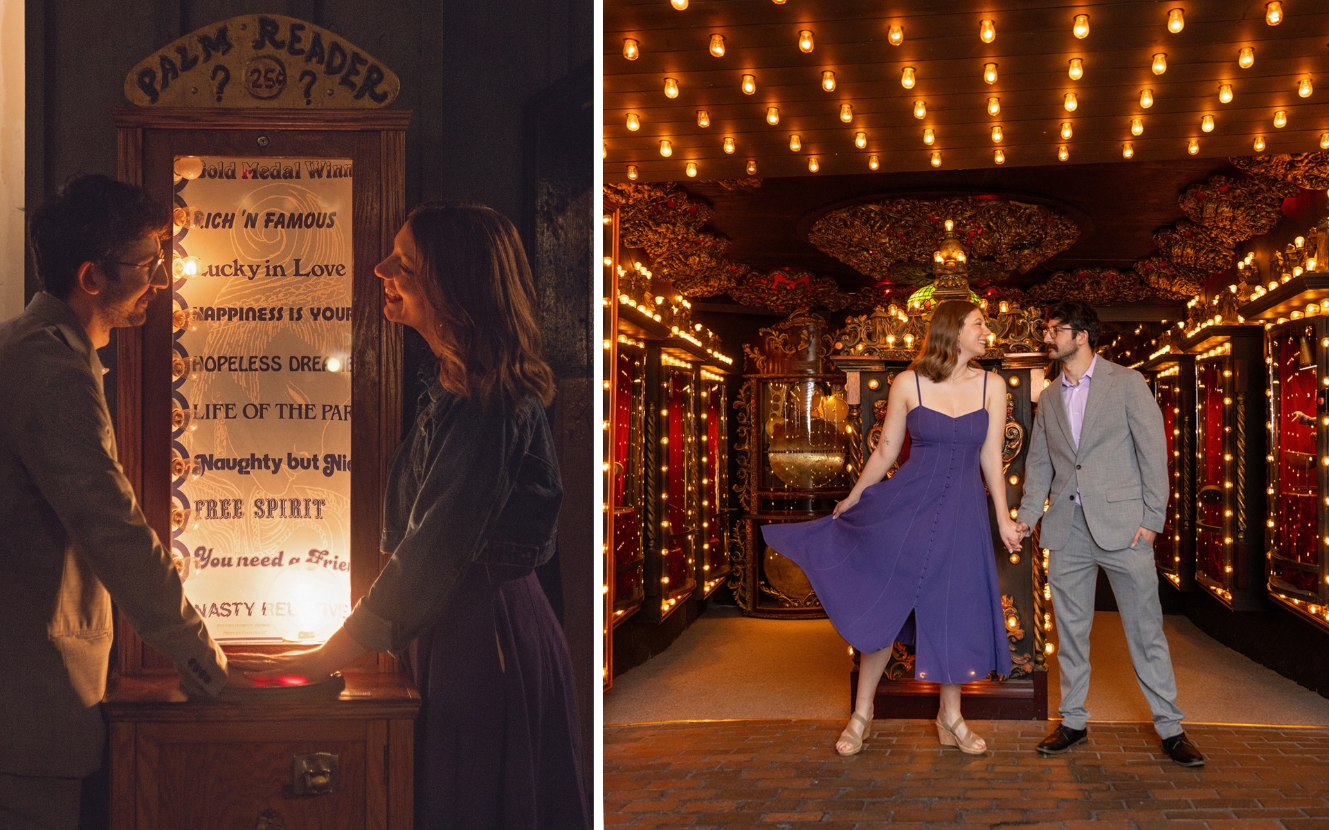 young engaged couple does a dramatic dip pose in front of an old movie theater entrance
